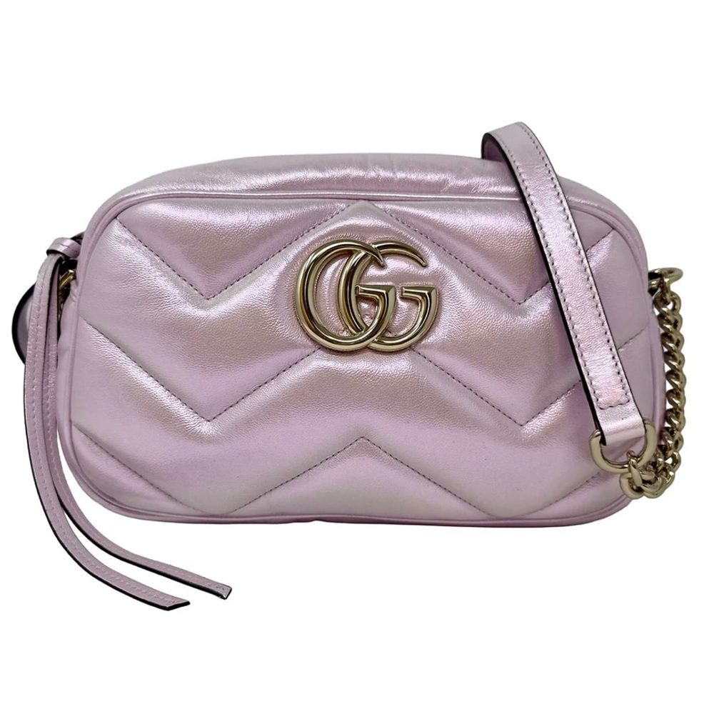 Gucci Chevron Matelasse Small GG Marmont Chain Shoulder Bag Iridescent Pink
